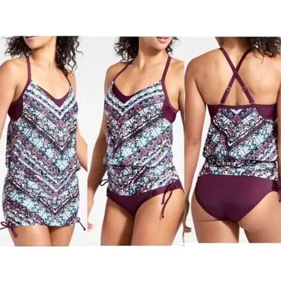 Athleta Marrakesh Side Scrunch Tankini Swim Top Mini Dress Wired 38 D/DD UPF 50+ - Picture 3 of 16